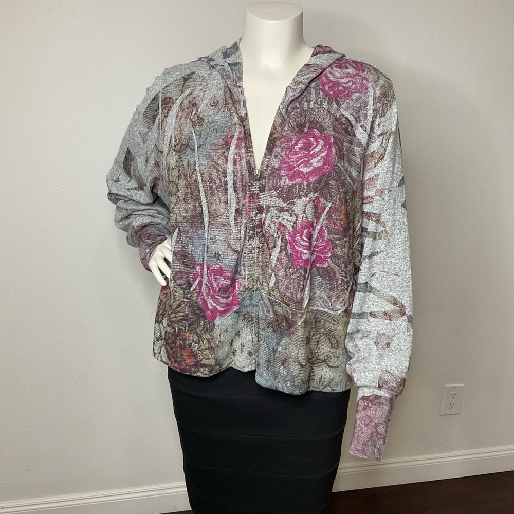 Casual Freedom Zip Front Rose Pattern Hooded Sweater sz 1X